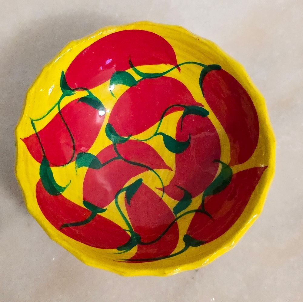 Mexican Pottery Terracotta Chili Pepper Footed Fruit Yellow Bowl Handmade VTG